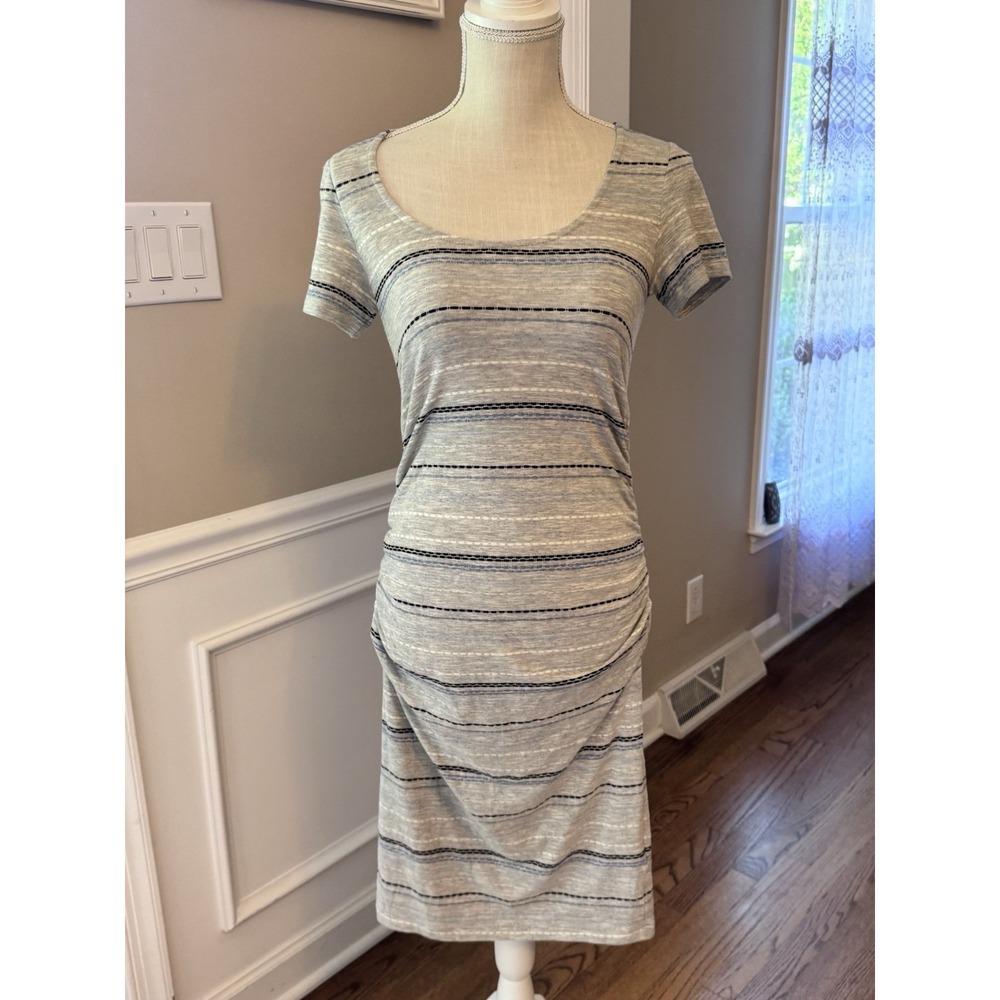 Seraphine Maternity Striped Ruched Bodycon Midi Dress Gray US Sz 4